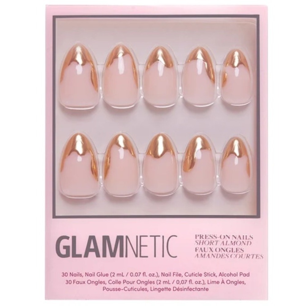 Glamnetic Press-On Nails Short Almond Nude Gold Drip French Tip 30 Count Kit
